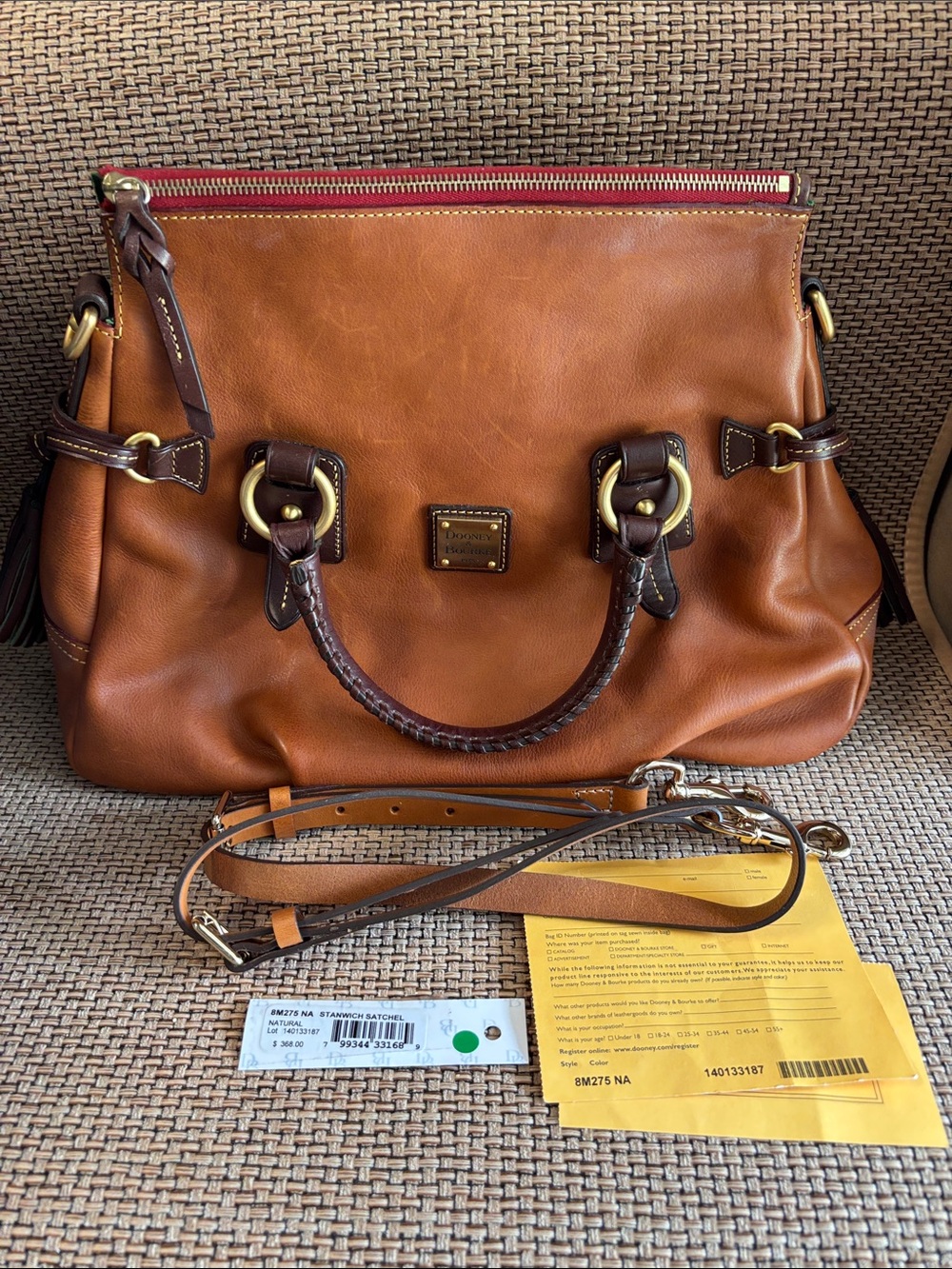 Dooney & Bourke Natural Stanwich Leather Satchel with Dark Brown trim gold HW